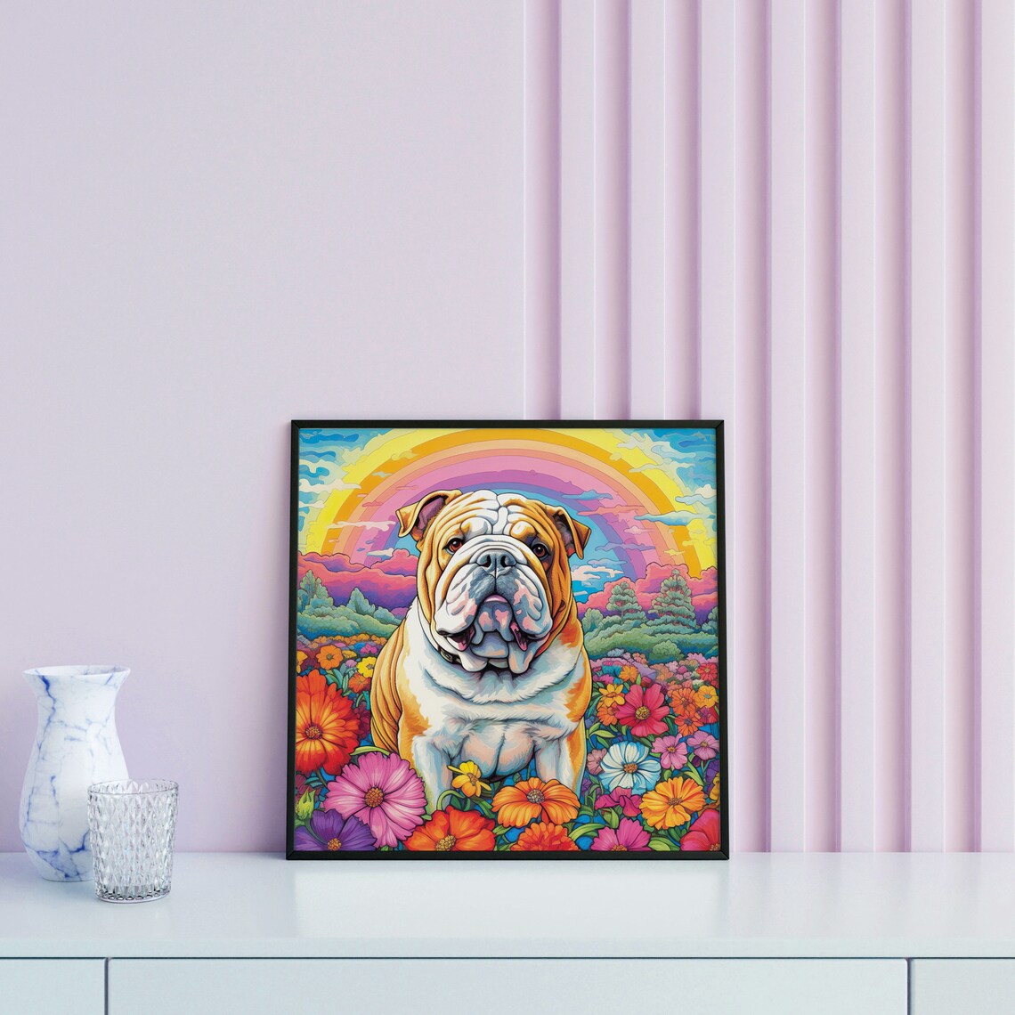 Bulldog Flower Field Rainbow Colorful Puppy Garden Meadow Poster - Image 3