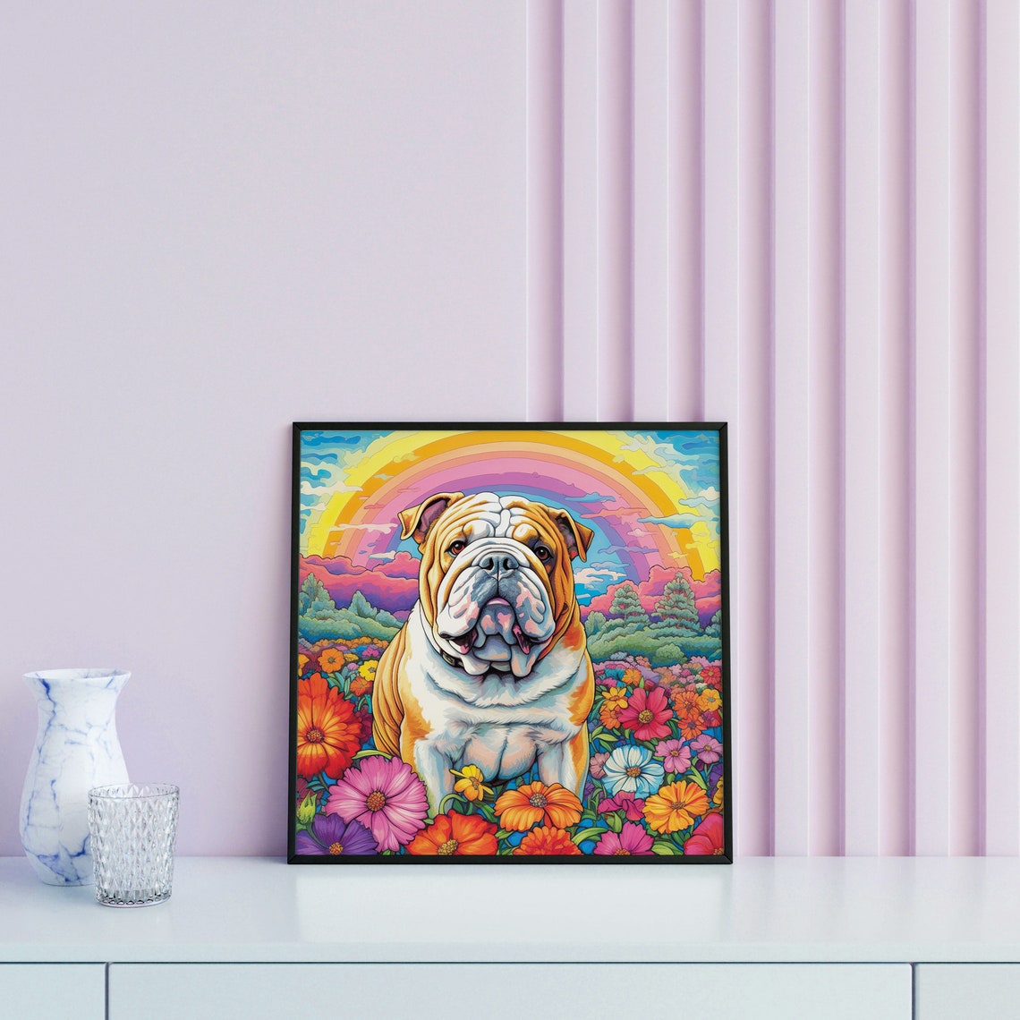 Bulldog In A Colorful Flowers Field Framed Poster Drawing Of A Bulldog With Colorful Flowers Dog Loves Wall Art Dog Portrait Poster - Image 3