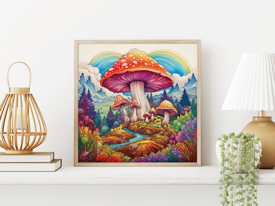 Psychedelic Giant Mushroom Rainbow Mountain Trippy Forest Poster - Image 5
