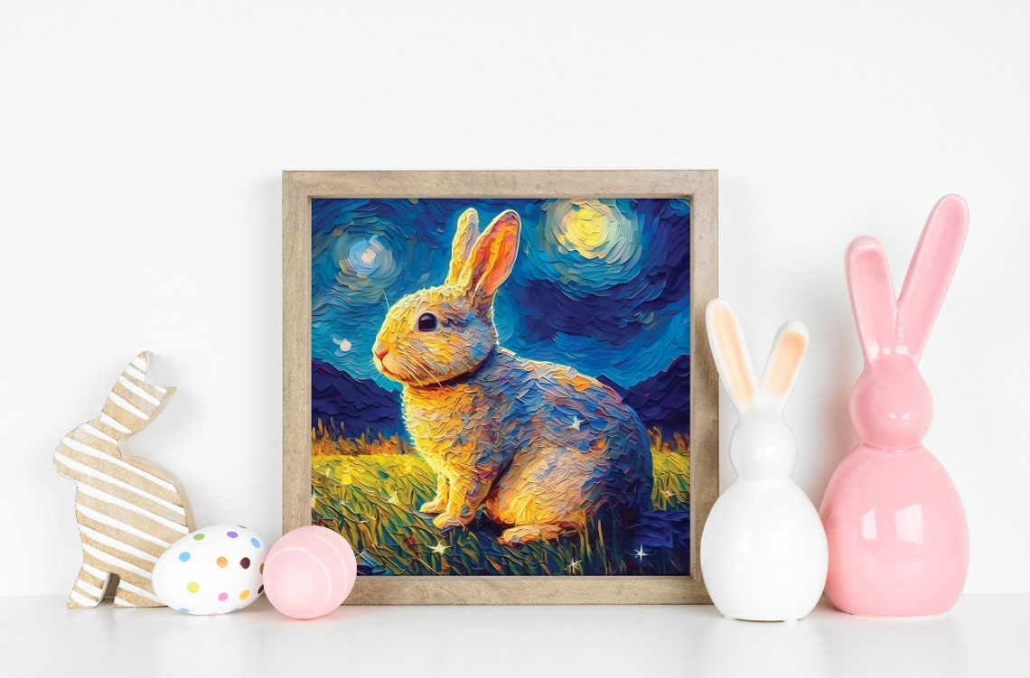 Starry Night Bunny Rabbit Swirling Sky Van Gogh Style Poster - Image 3