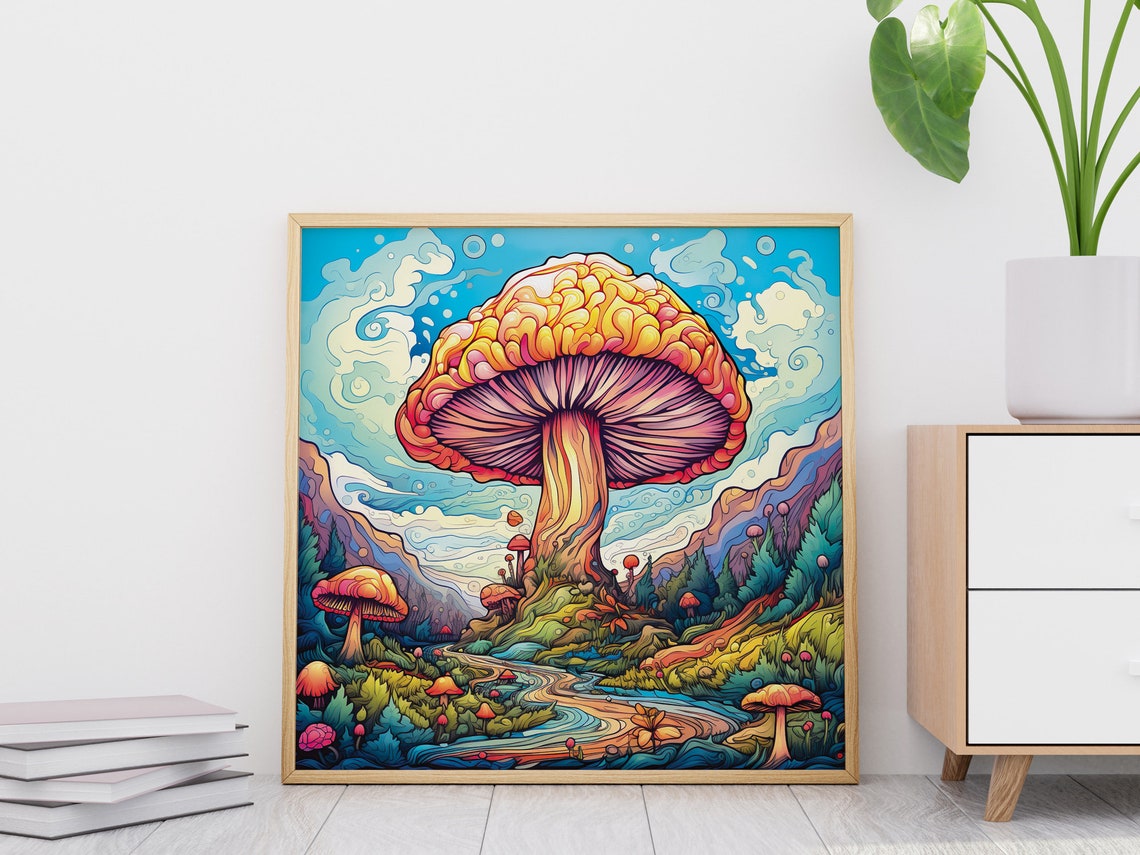 Giant Psychedelic Mushroom Valley Winding River Trippy Nature Poster - Image 4