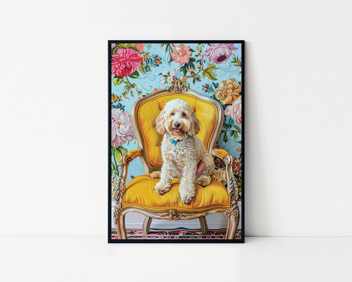 Elegant Labradoodle Dog Sitting On An Antique Chair In Oil Painting Style Framed Poster Elegant Dog Portrait Dog Wall Art Wall Hanging
