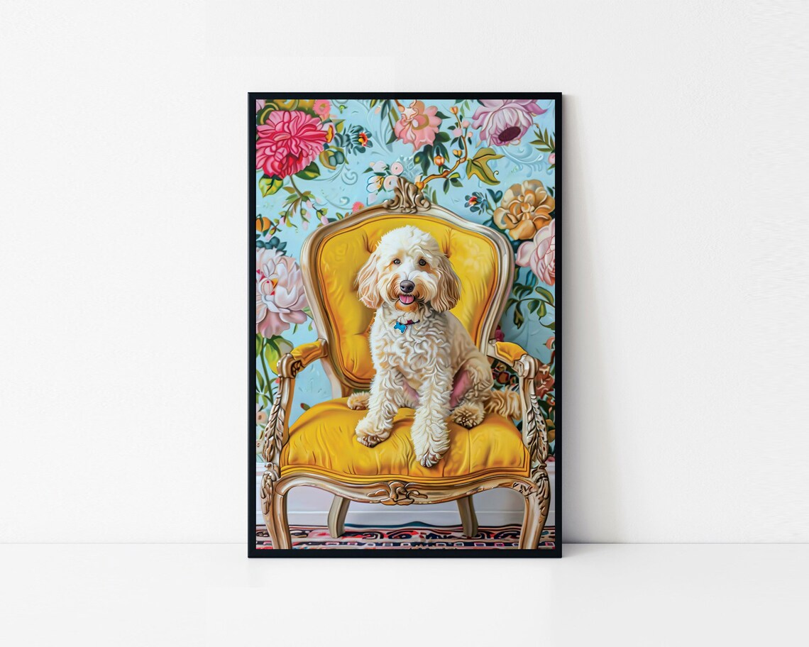 White Doodle Dog On Yellow Antique Chair Royal Portrait Poster