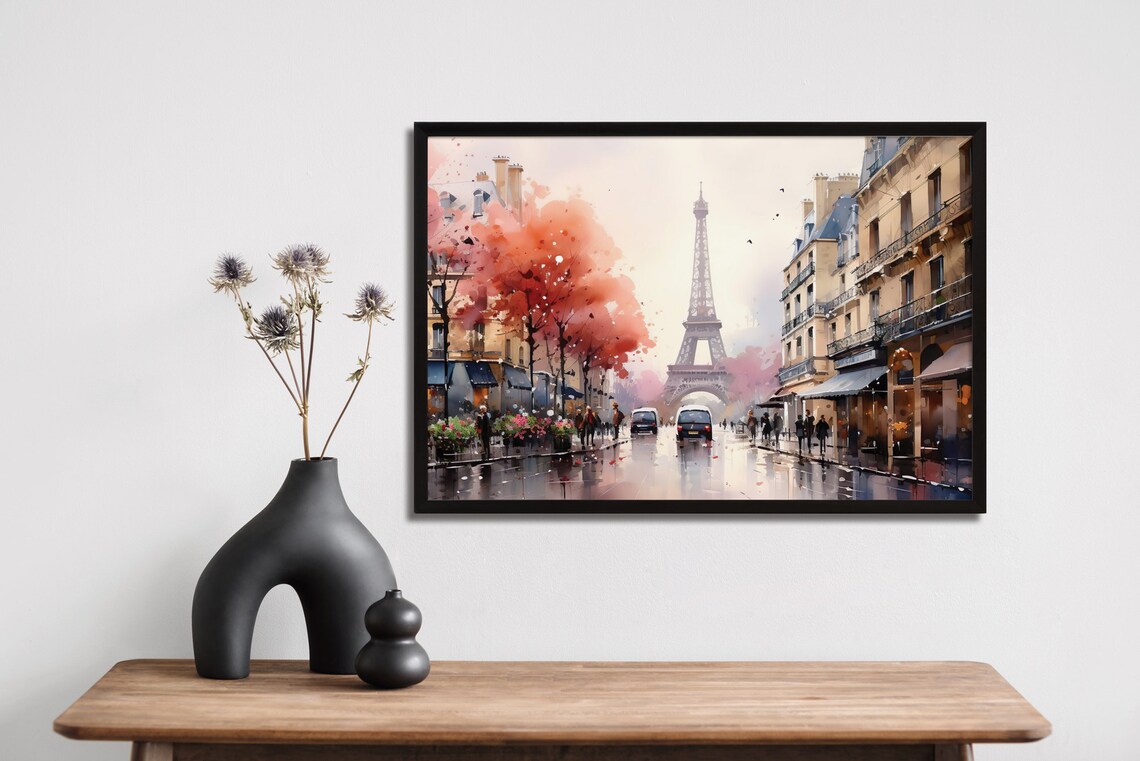 Paris Eiffel Tower Watercolor Rainy Street Autumn Trees Art Poster - Image 2