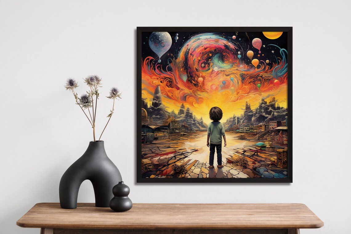 Dreamy Child Cosmic Cityscape Surreal Galaxy Balloon Wall Art - Image 2