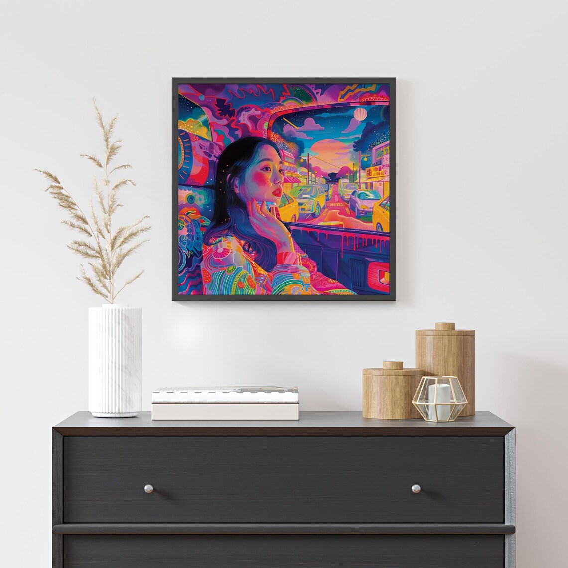 Beautiful Neon City Taxi Night Ride Dreamy Woman Psychedelic Wall Art - Image 3