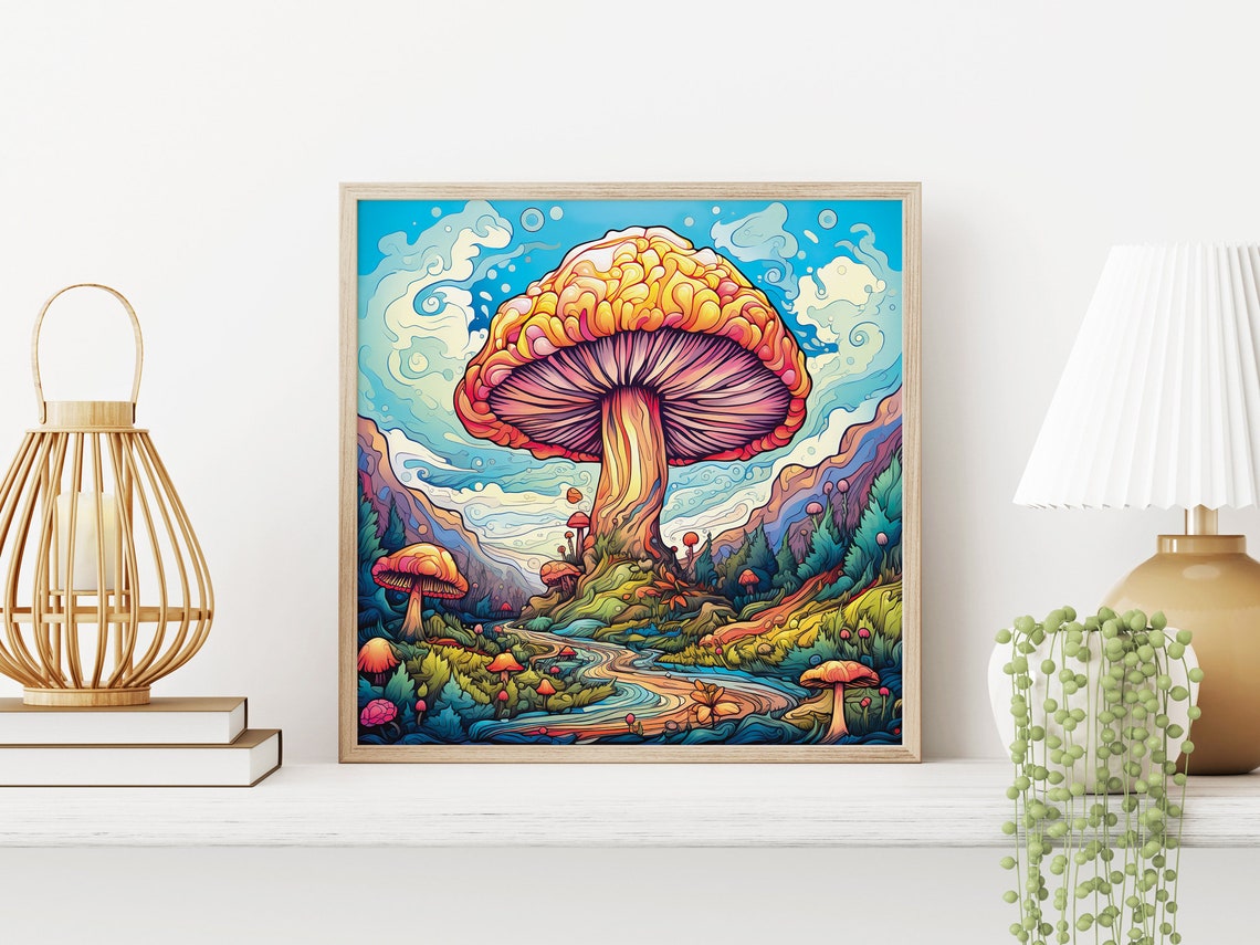 Giant Psychedelic Mushroom Valley Winding River Trippy Nature Poster - Image 3