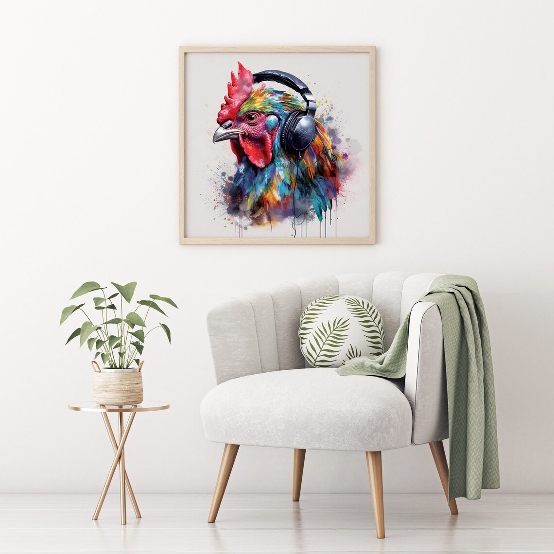 Rooster Headphones Watercolor Colorful Music Lover Chicken Poster - Image 2