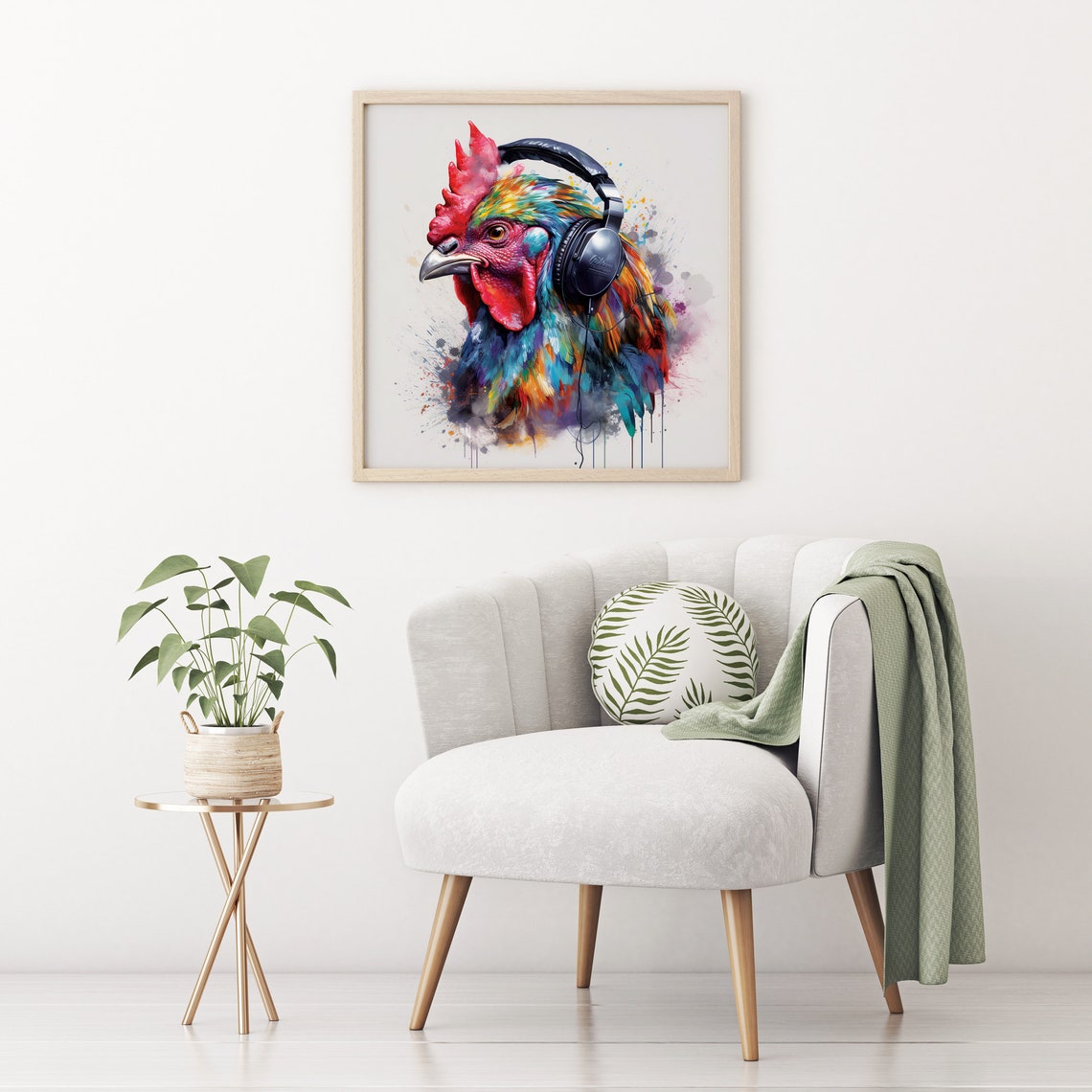 Rooster With Headphones Framed Poster Painting Of Rooster With Headphones Rooster Wall Art Home Decoration Animal Lovers Colors Splash - Image 2