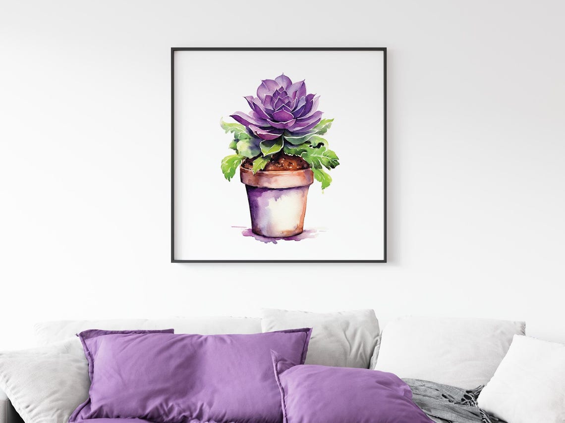 Purple Succulent Terracotta Pot Watercolor Plant Botanical Wall Art - Image 5