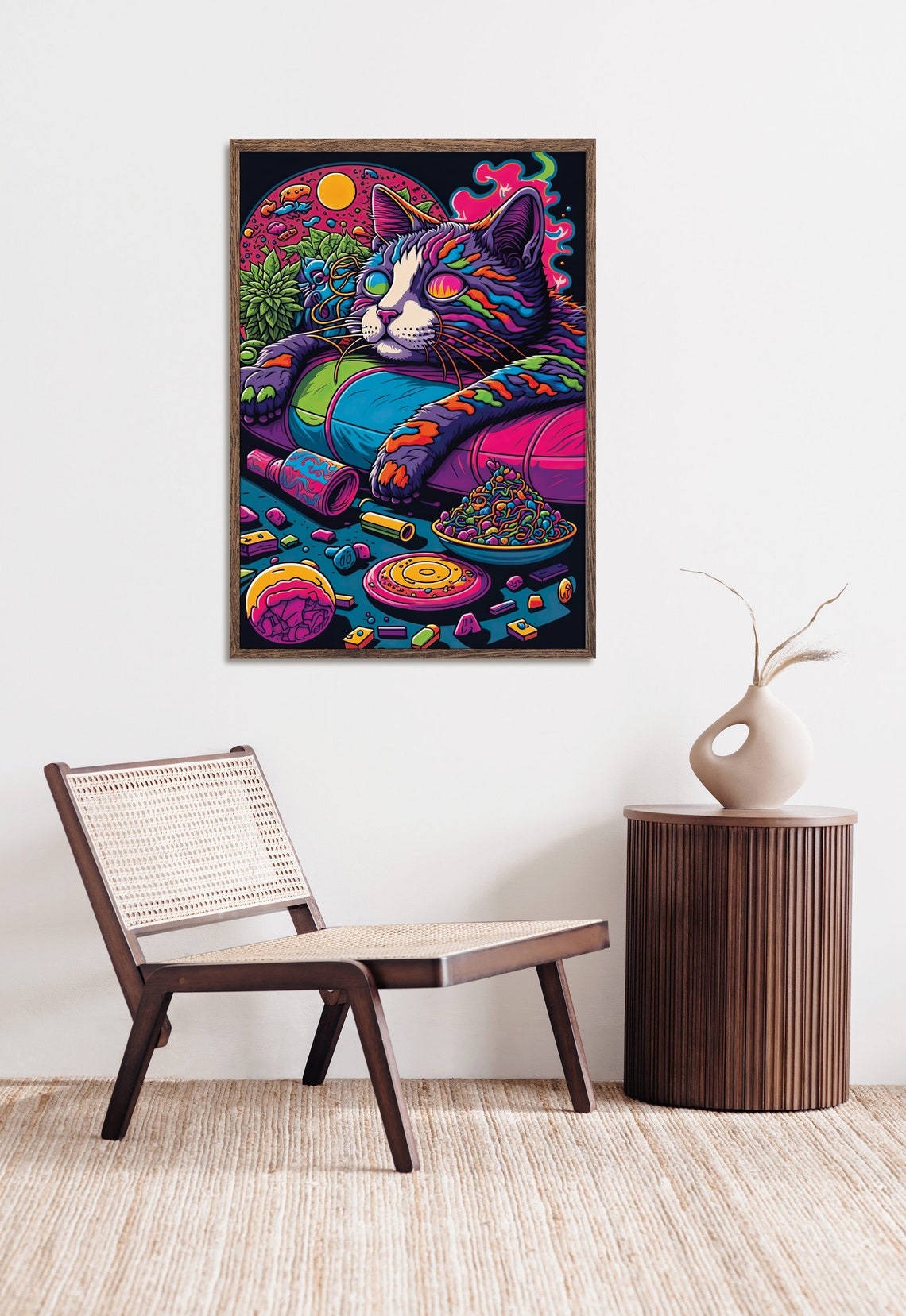 Trippy Relaxed Cat Lounging With Snacks Psychedelic Cat Art Poster - Image 2