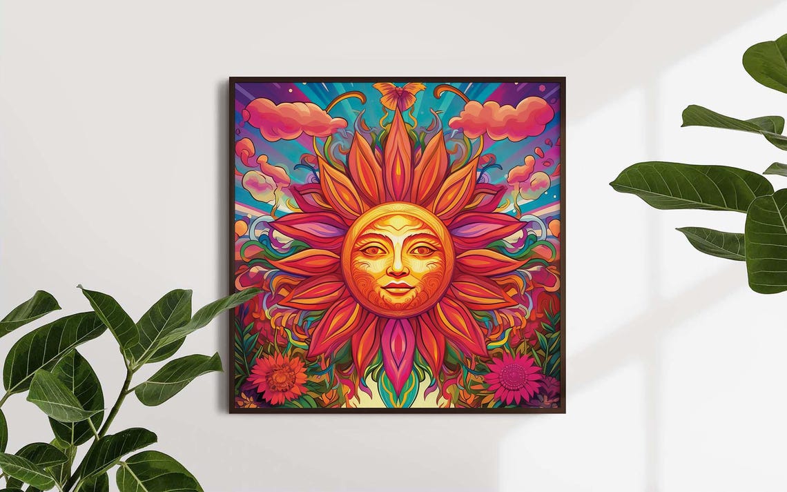 Psychedelic Sun With Face Colorful Boho Sunburst Flower Poster - Image 4