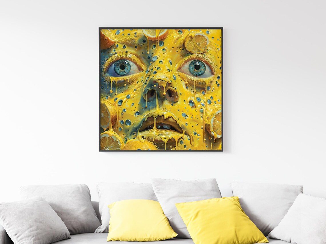 Surreal Face Covered In Dripping Lemons Yellow Citrus Art Poster - Image 5