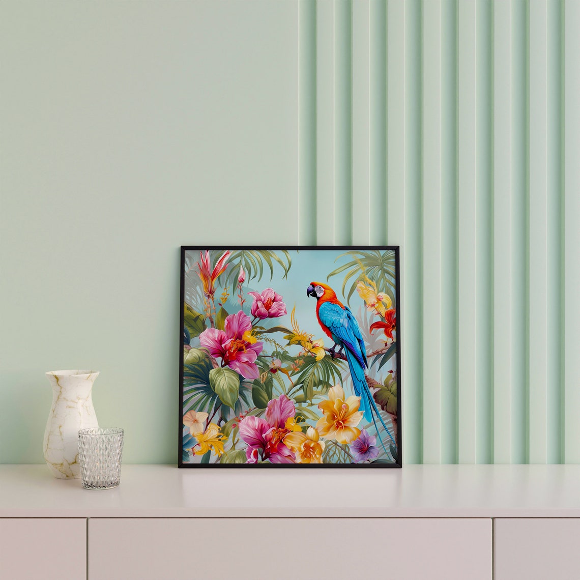 Scarlet Macaw Tropical Flowers Lush Parrot Paradise Garden Poster - Image 2