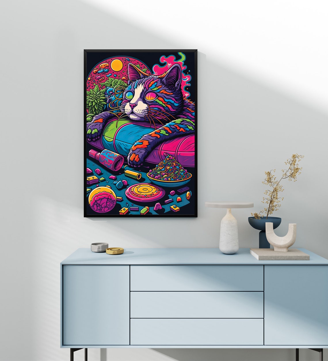 Trippy Relaxed Cat Lounging With Snacks Psychedelic Cat Art Poster - Image 4