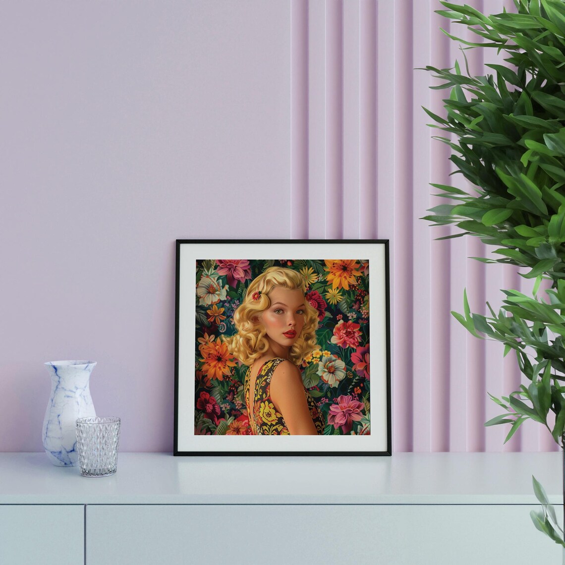 Vintage Pin Up Blonde Woman Floral Dress Retro Beauty Poster - Image 2