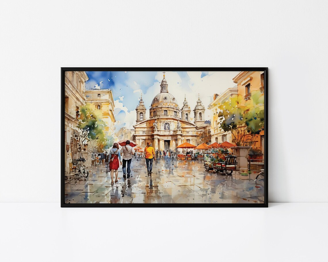 Rome Italy Watercolor Domed Church Street Scene Travel Art Poster