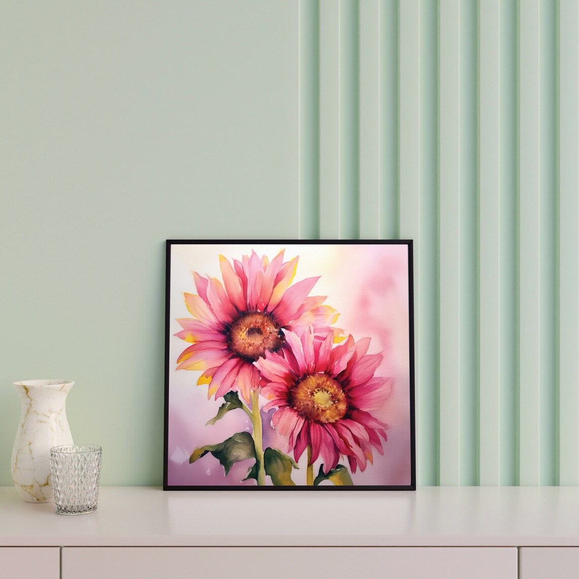 Pink Sunflowers Watercolor Pair Soft Floral Blossom Art Poster - Image 2