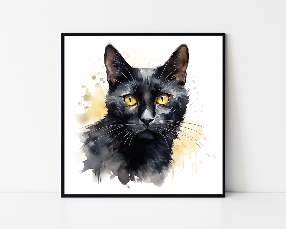 Black Cat Watercolor Portrait Golden Eyes Elegant Feline Art Poster