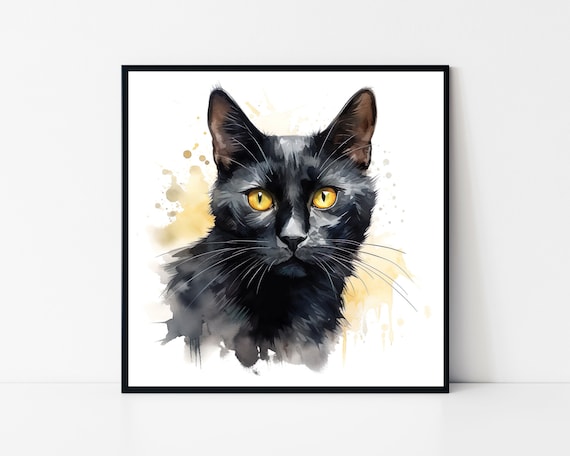 Black Cat Watercolor Style Framed Poster Cute Black Cat Poster Cat Lovers Poster Cat Wall Art Poster Animals Watercolor Style Poster