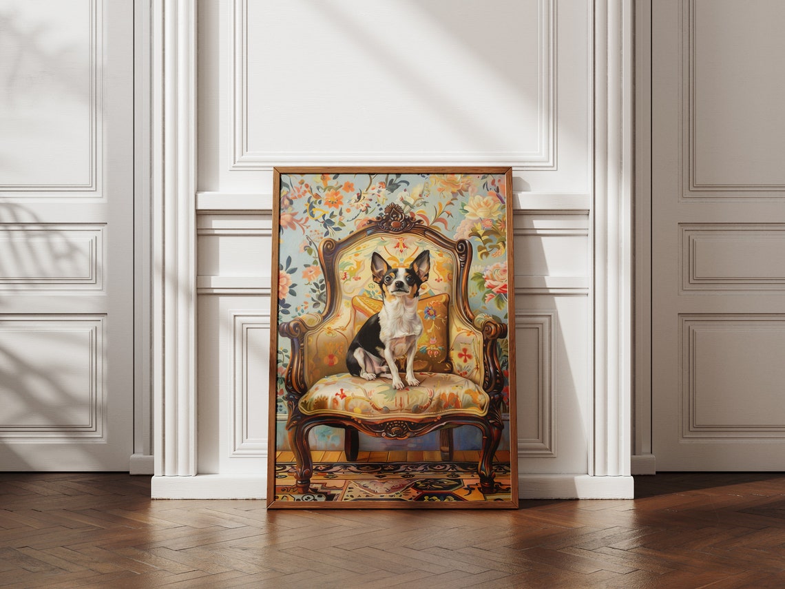 Elegant Chihuahua Dog Sitting On An Antique Chair In Oil Painting Style Framed Poster Chihuahua Portrait Dog Wall Art Wall Hanging - Image 4