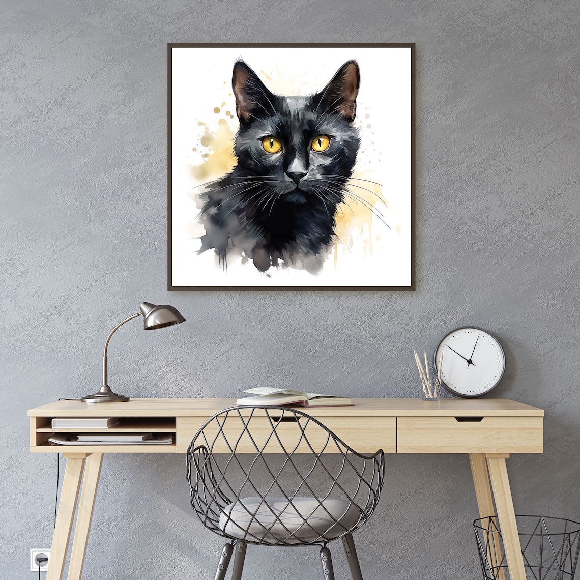 Black Cat Watercolor Portrait Golden Eyes Elegant Feline Art Poster - Image 2