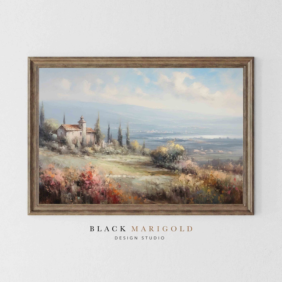 Tuscan Hilltop Villa Overlooking a Soft Valley Landscape Poster