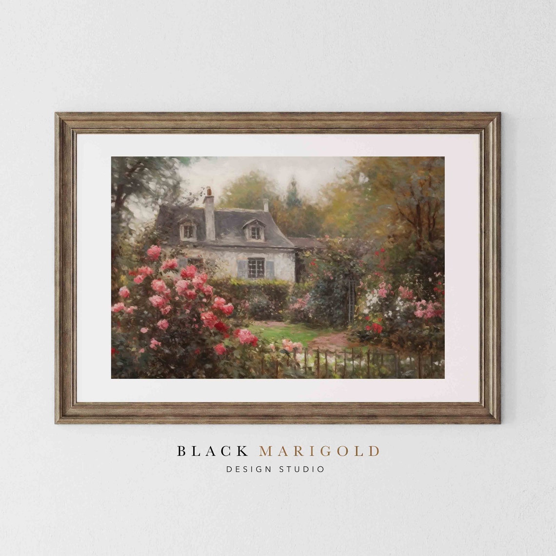 Stone Cottage Surrounded by Pink Roses Garden Vintage Poster - Image 2