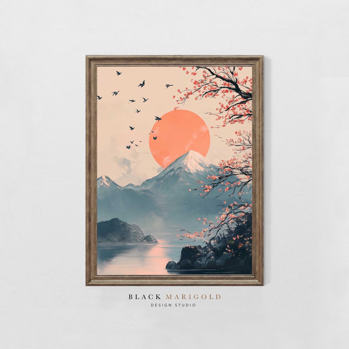 Mount Fuji Under a Rising Sun With Cherry Blossom Art Poster