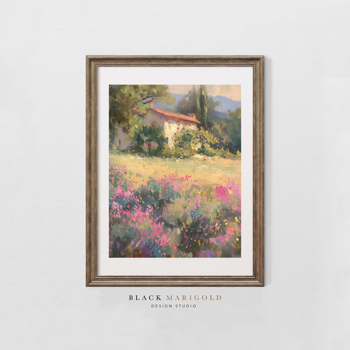 Tuscan Villa Surrounded by Pink Wildflowers Landscape Poster - Image 2