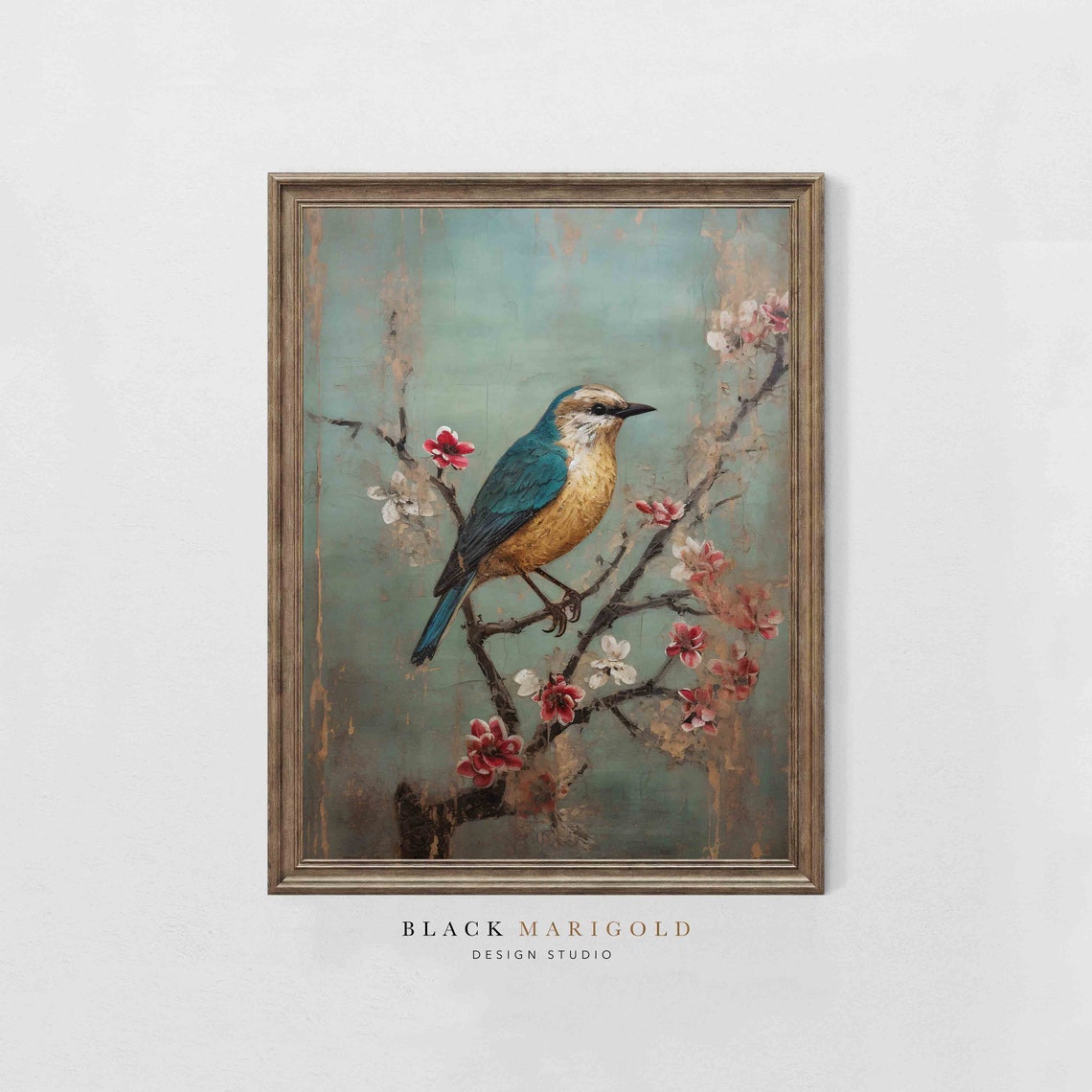 Blue and Gold Bird on Cherry Blossom Branch Vintage Art Poster