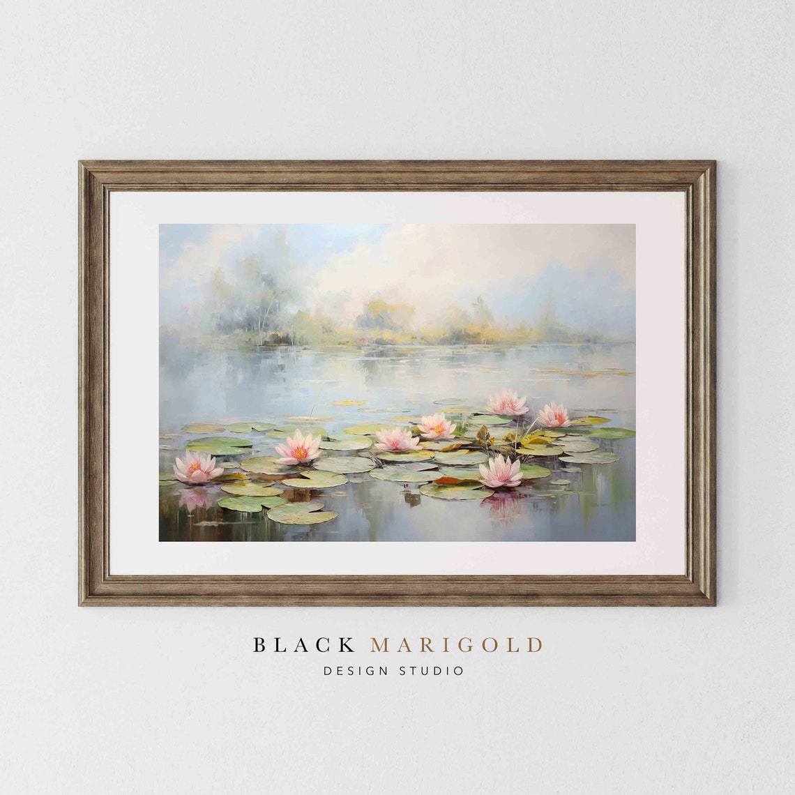Pink Water Lilies on a Still Pond Impressionist Style Wall Art - Image 2