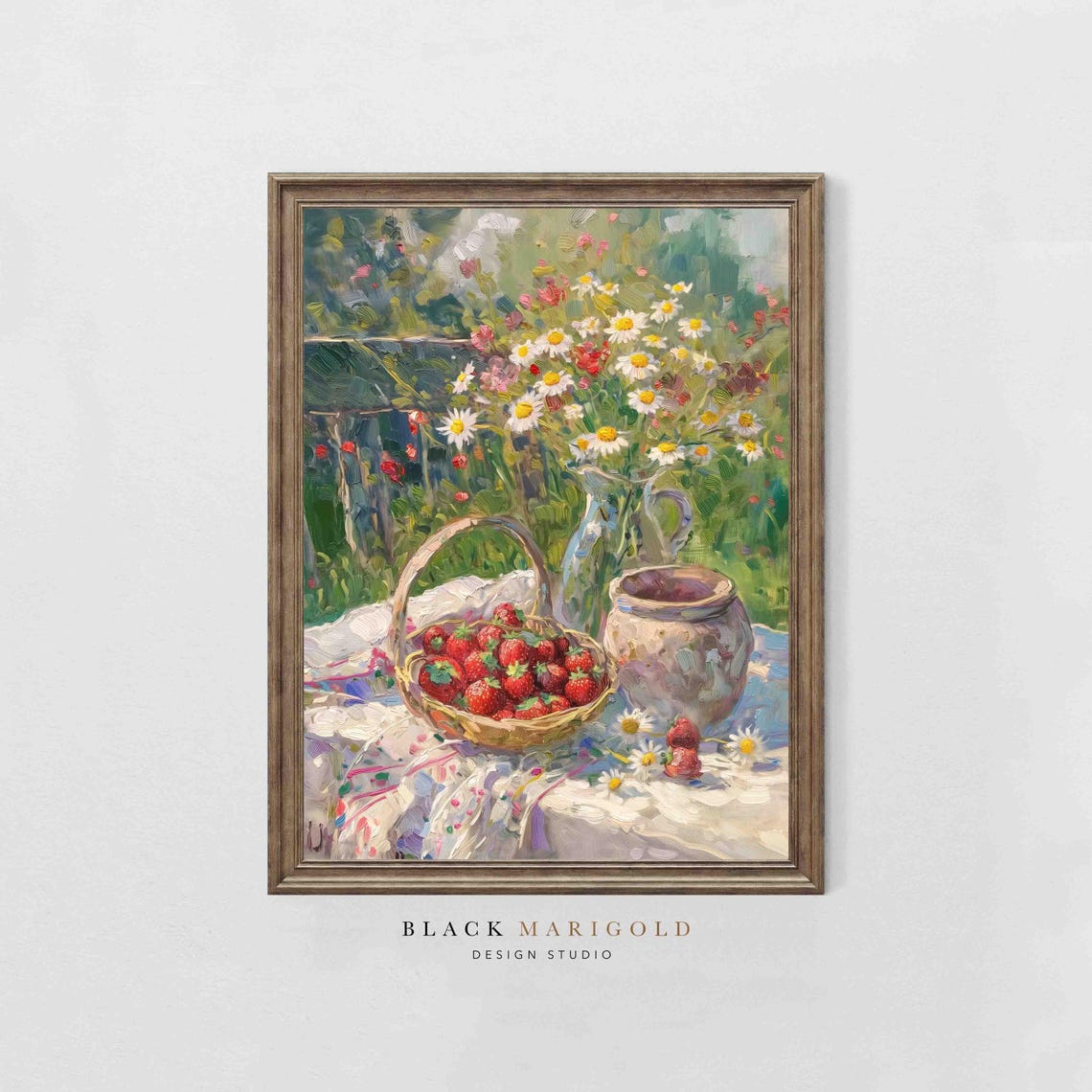 Spring Picnic Still Life With Strawberries and Daisies Poster - Image 2
