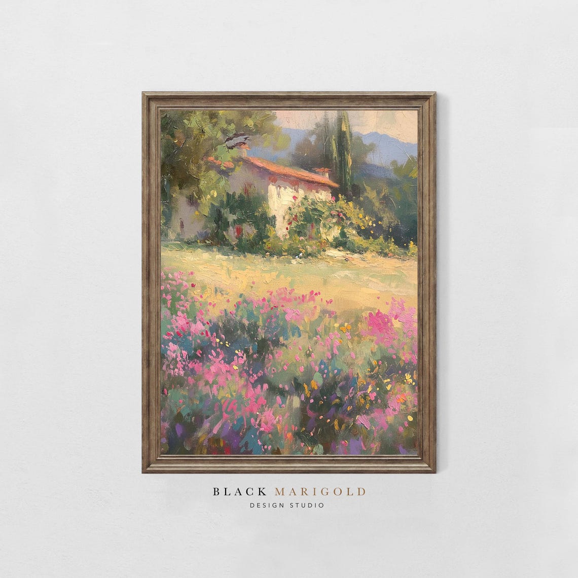 Tuscan Villa Surrounded by Pink Wildflowers Landscape Poster