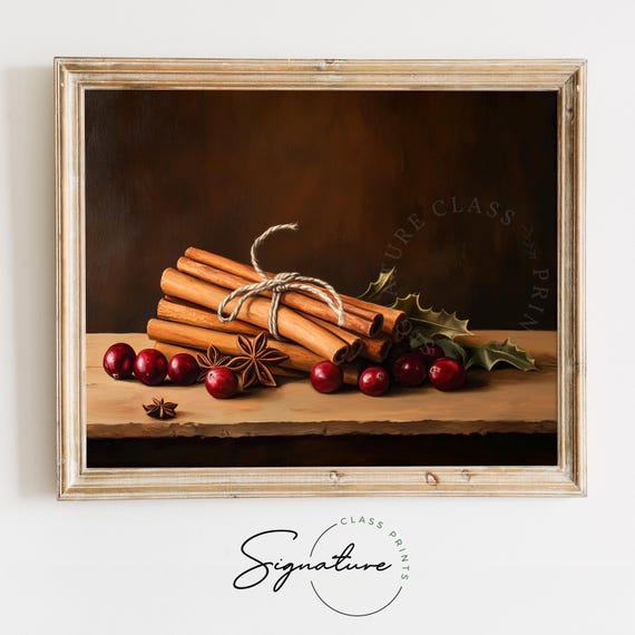 Bundle Of Cinnamon Sticks With Cranberries Warm Rustic Holiday Wall Art Earthy Winter Kitchen Decor Moody Christmas 2723