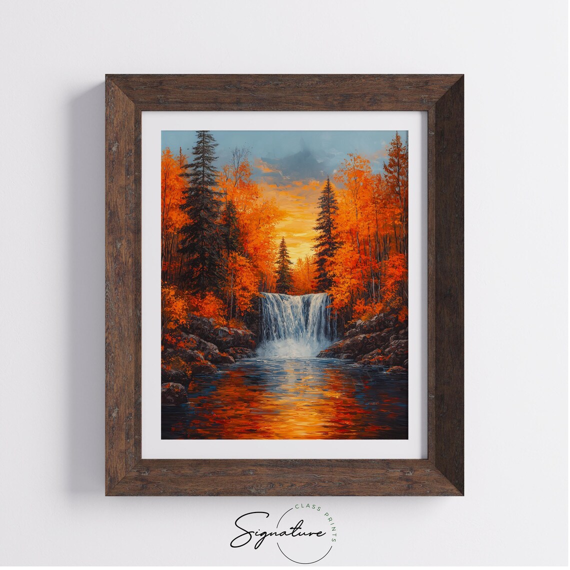 Autumn Waterfall Among Fiery Maples With Glowing Sunset Reflection Wall Art - Image 4