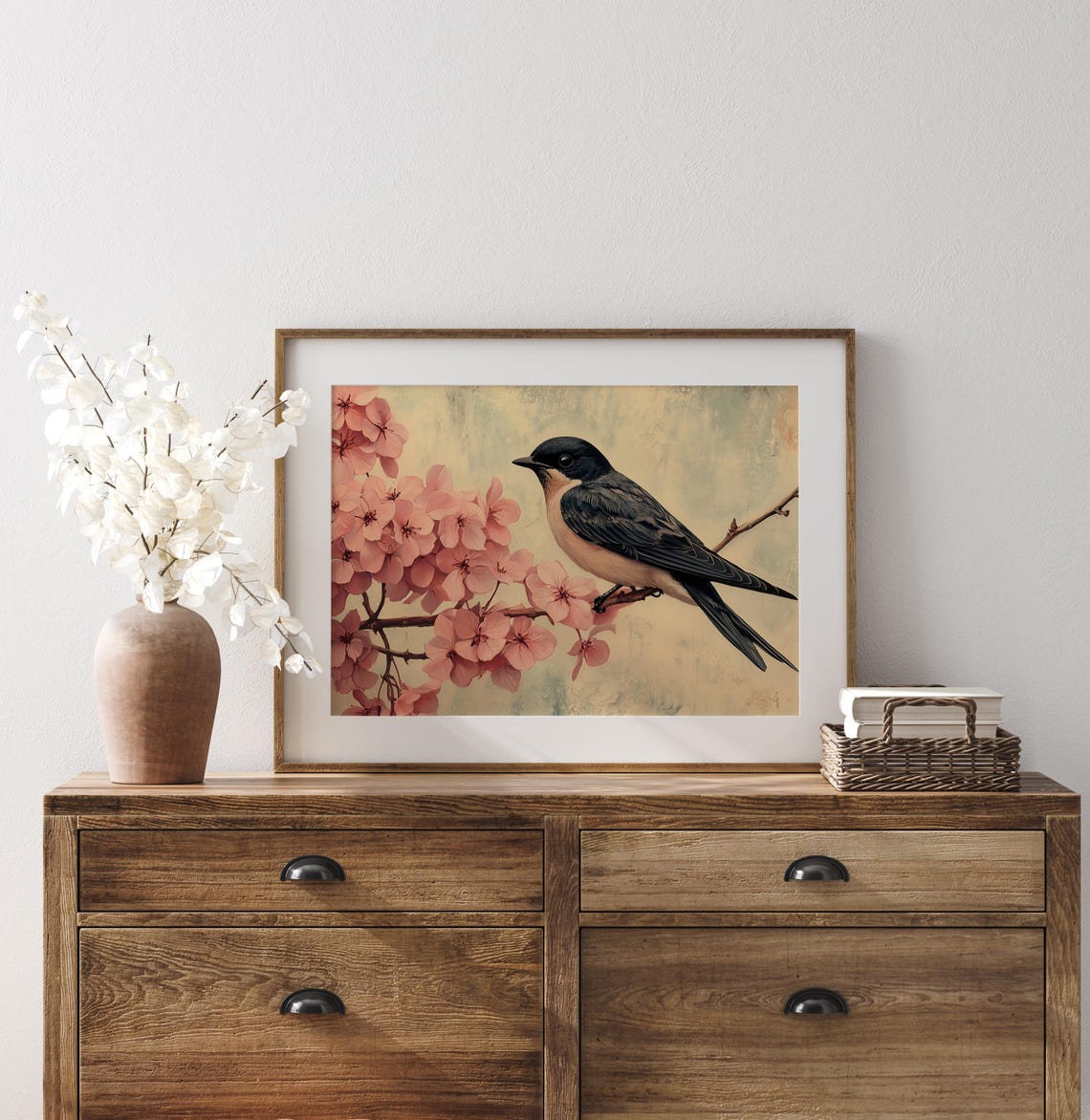 Barn Swallow Perched On Pink Cherry Blossom Branch Vintage Poster - Image 2