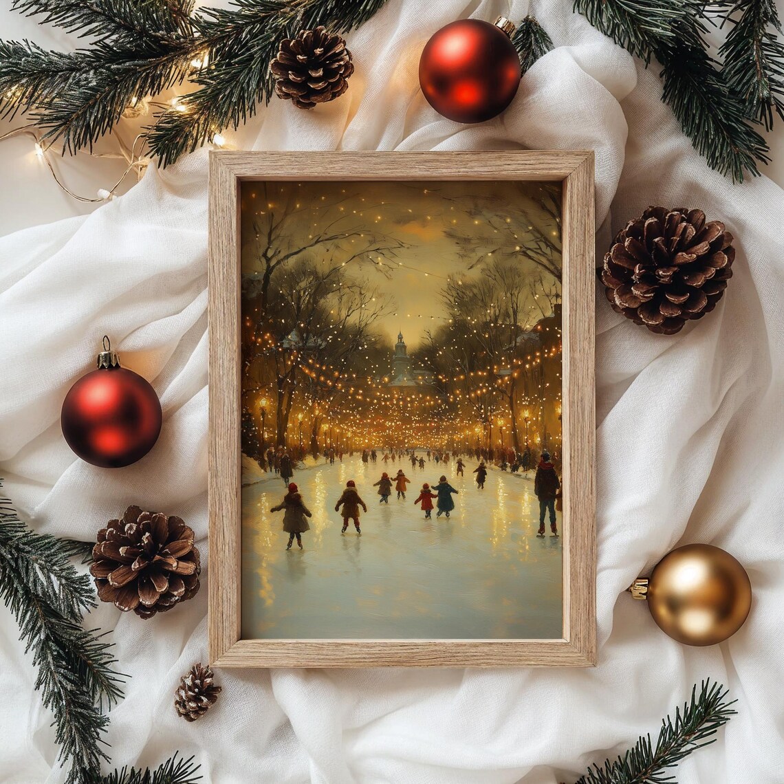 Ice Skating Children Under Christmas Lights, Vintage Print - Image 4