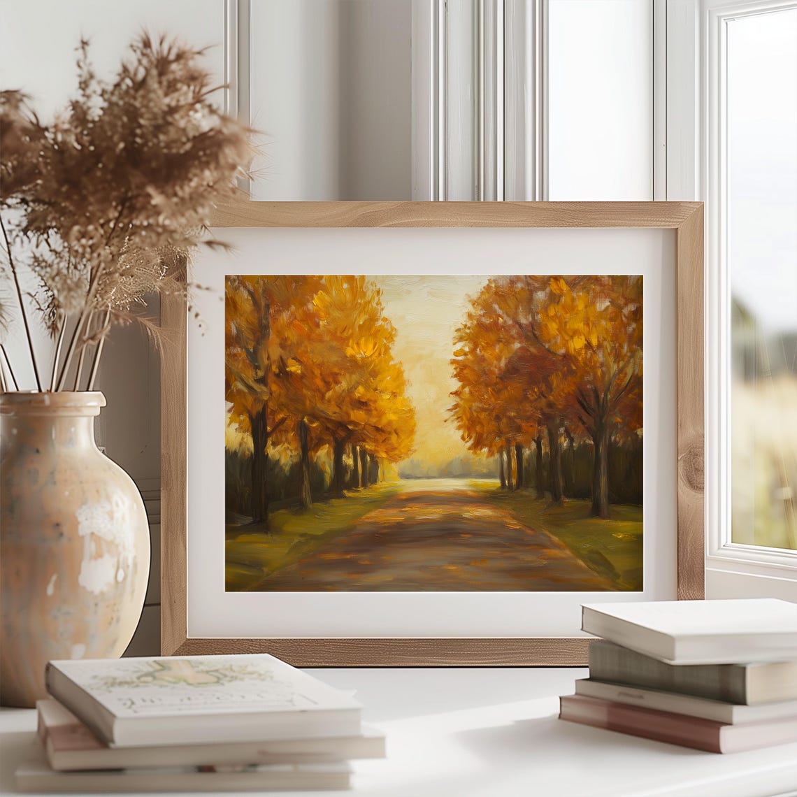 Golden Autumn Tree Lined Country Road Sunlit Fall Landscape Poster - Image 2