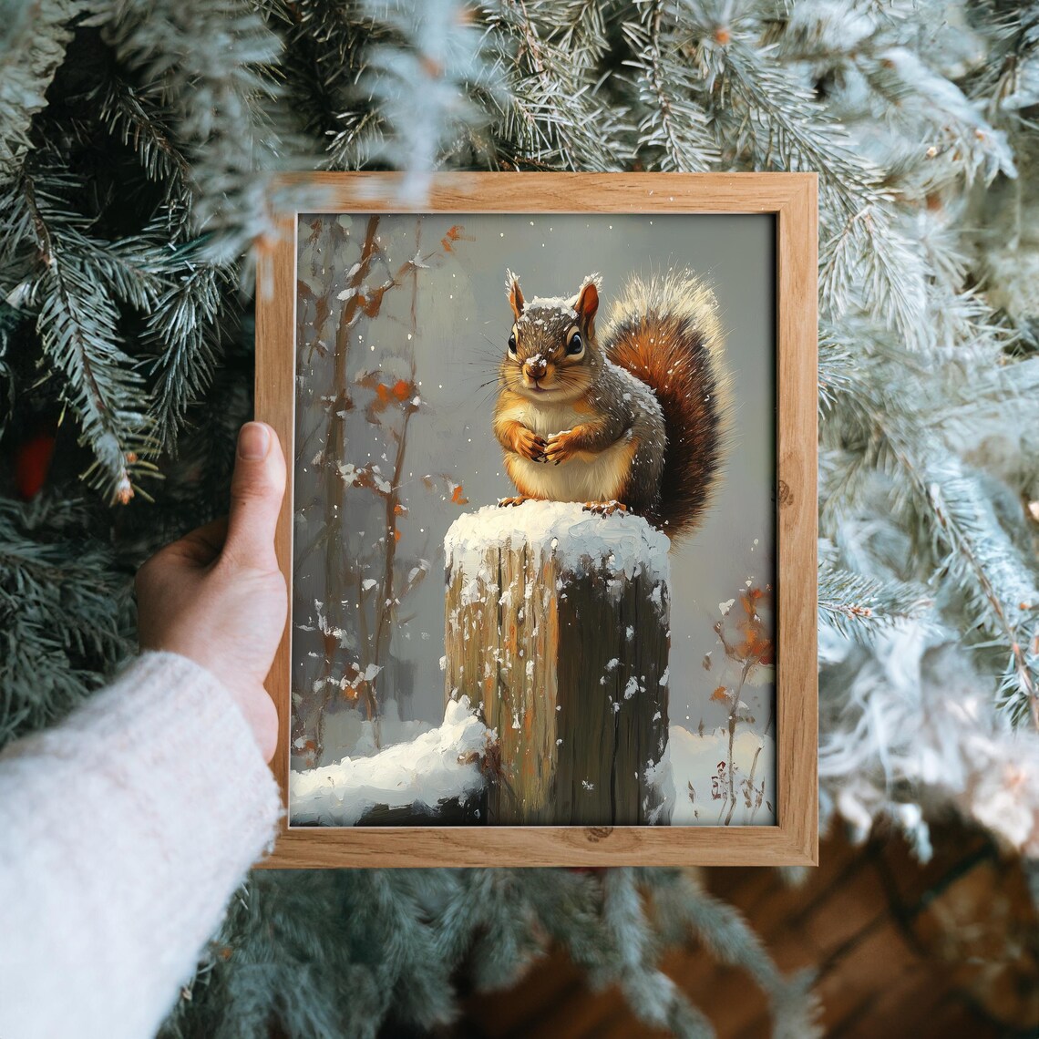 Red Squirrel Snowy Tree Stump Winter Woodland Animal Oil Painting Poster - Image 6