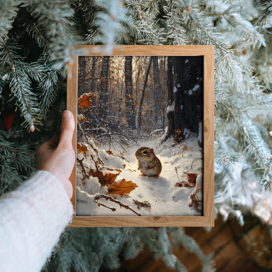 Tiny Woodland Rodent In Snowy Autumn Forest With Fallen Leaves Poster - Image 6