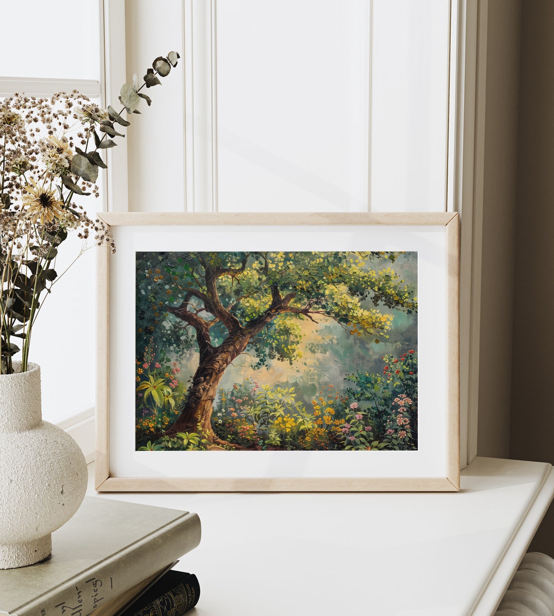 Ancient Gnarled Tree In Lush Flower Garden Sunlit Grove Poster - Image 6