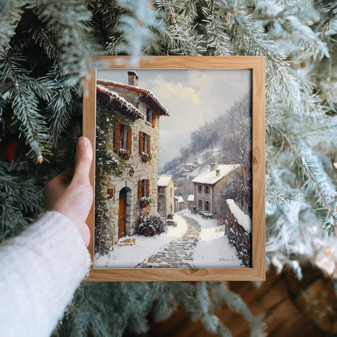 Frosty Cobblestone Street With Ivy Rustic Village Winter Poster - Image 6