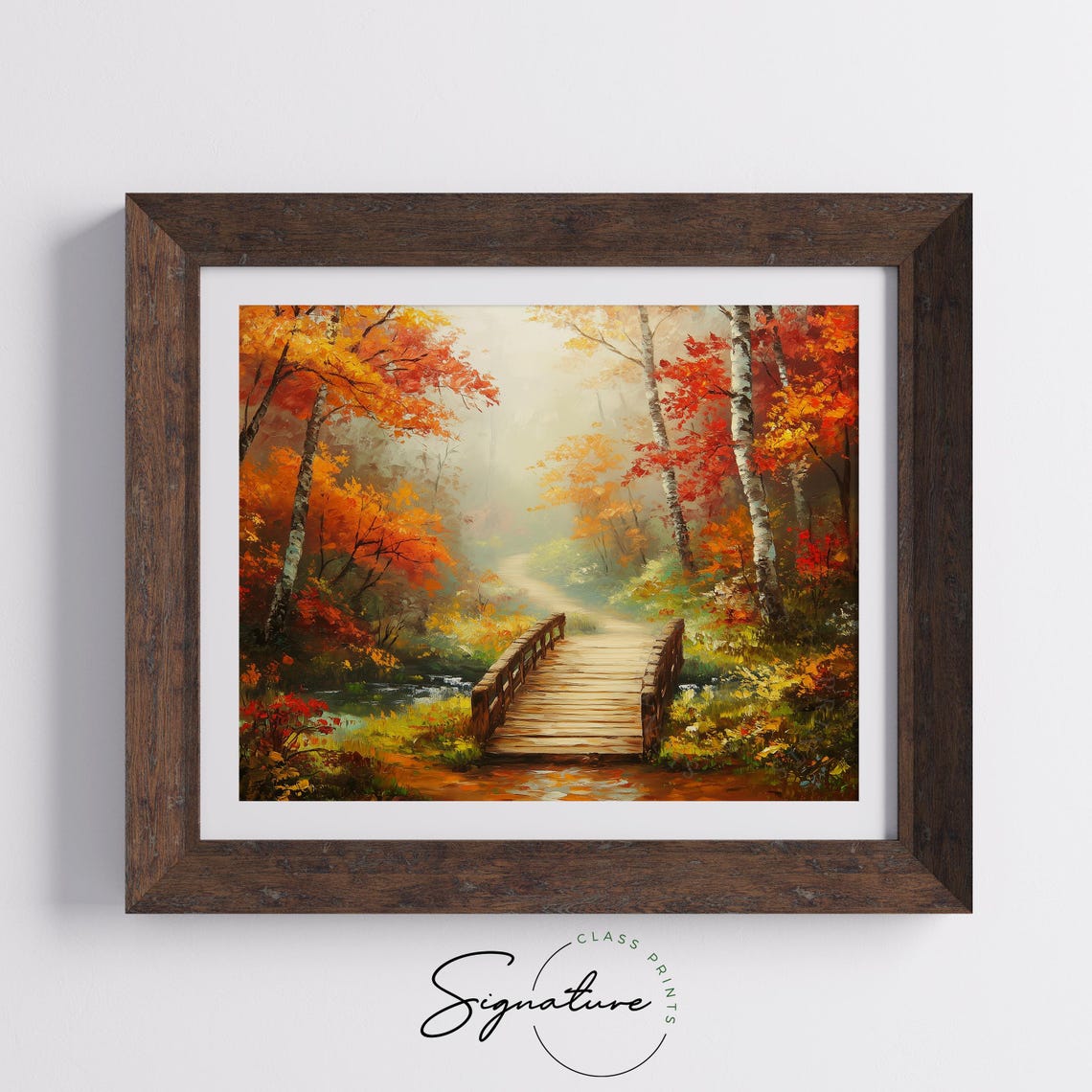 Misty Forest Path With Wooden Bridge Over Stream Autumn Poster - Image 5