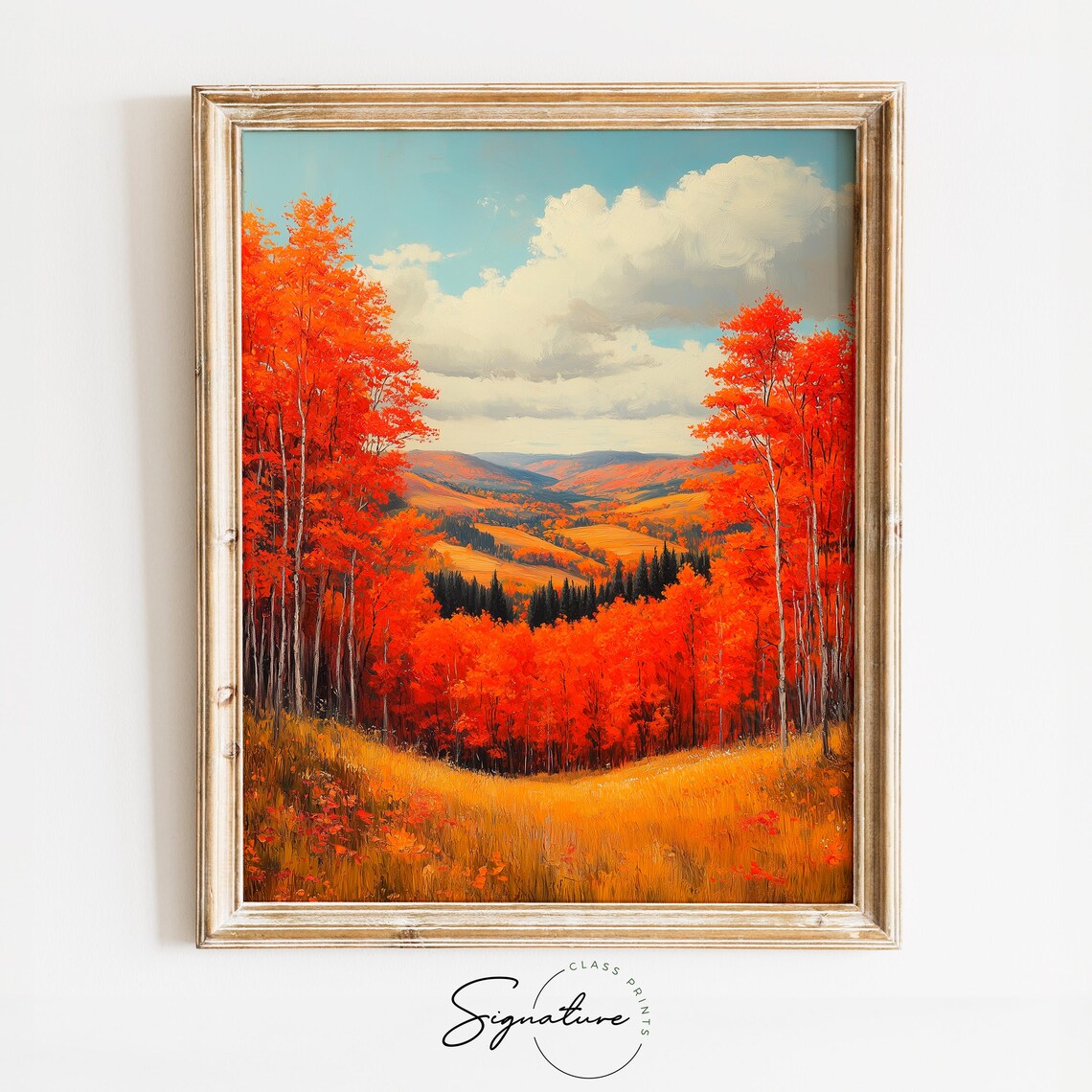 Red Birch Forest Framing Sweeping Autumn Valley and Distant Hills Wall Art