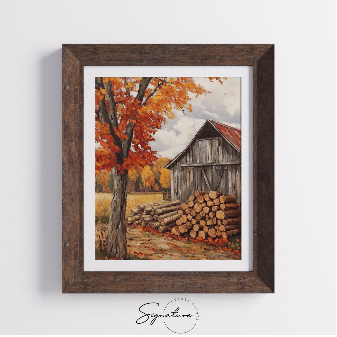 Weathered Barn With Stacked Firewood Under Blazing Autumn Tree Wall Art - Image 4