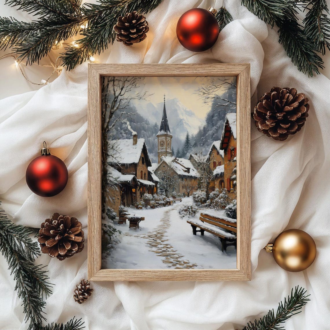 Snowy Alpine Village with Church Tower and Glowing Windows Poster - Image 4