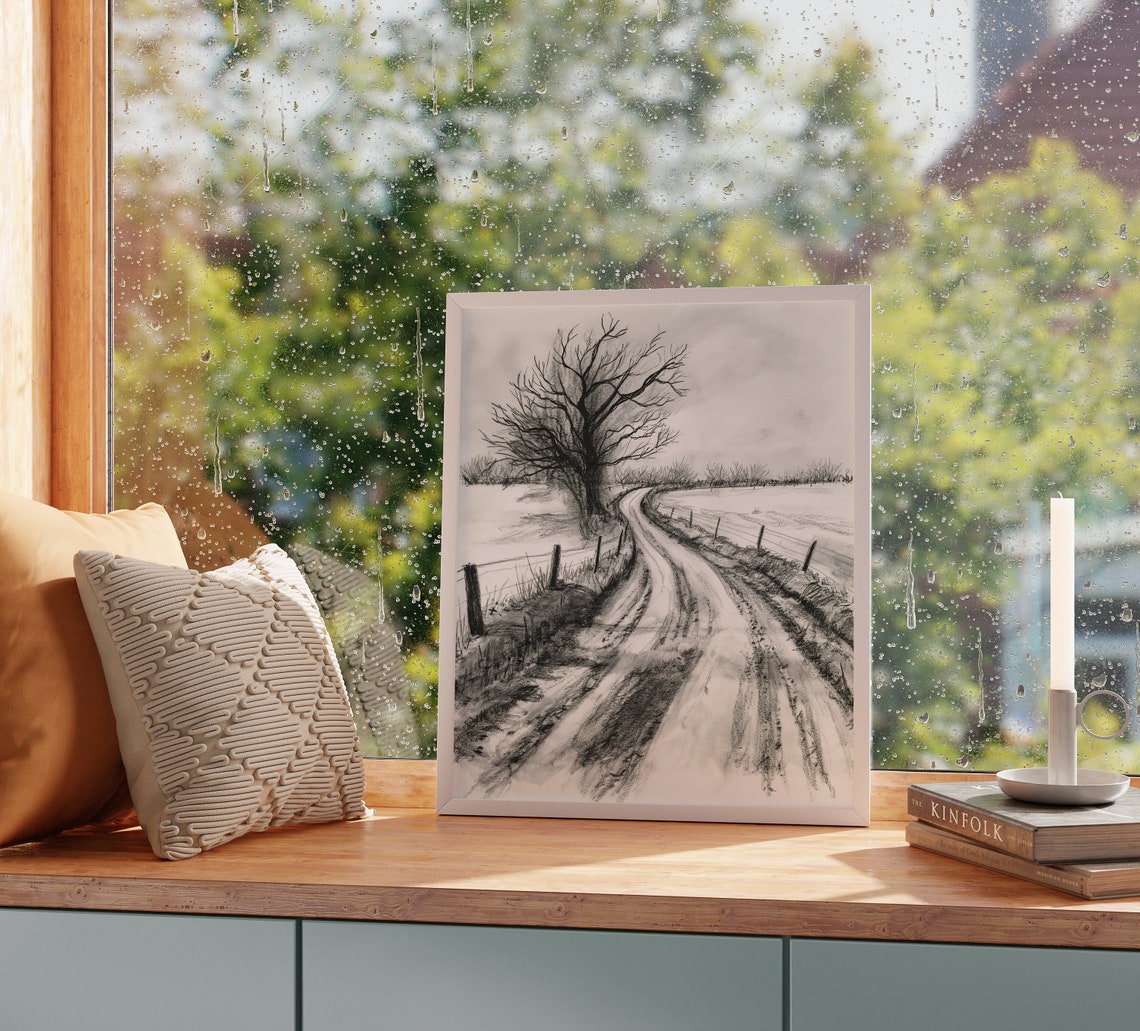 Frosty Country Road With Bare Tree Monochrome Sketch Winter Poster - Image 2