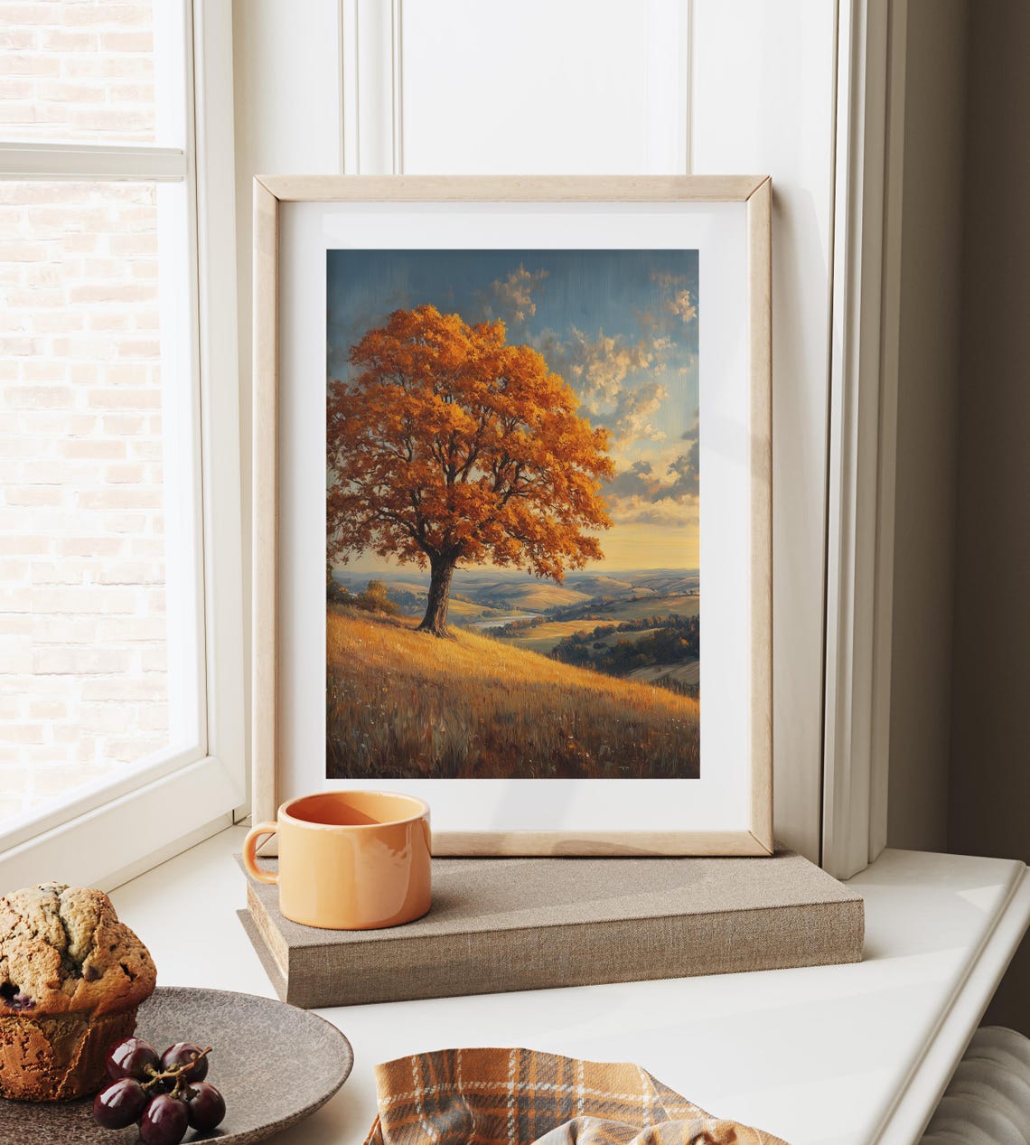 Lone Autumn Tree Sunset Hilltop Golden Farmland Valley View Poster - Image 6