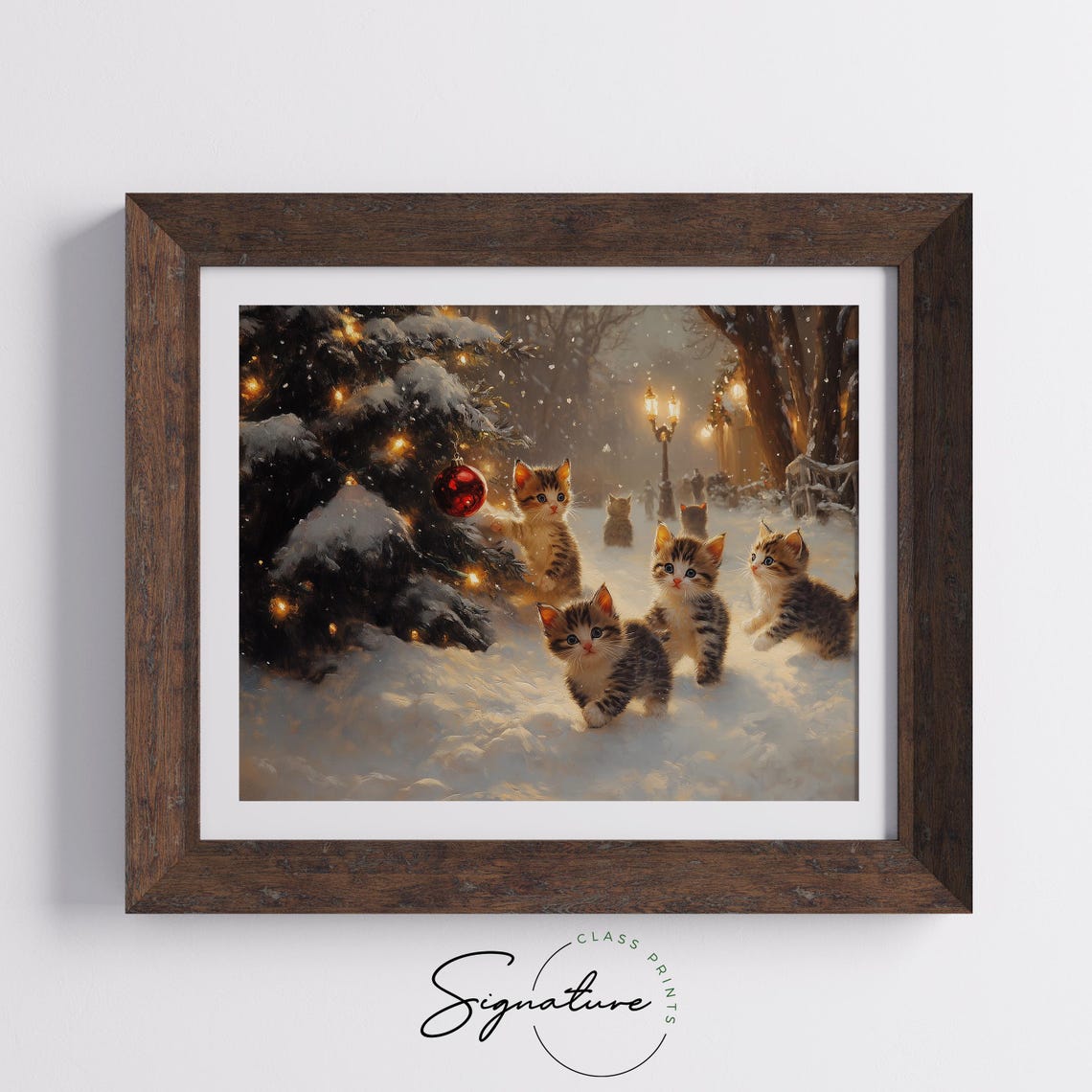 Playful Kittens in a Snowy Forest With Christmas Lights Night Poster - Image 5